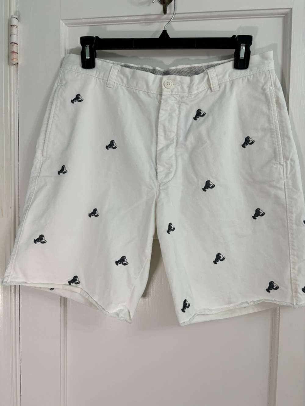 J. Crew White Cotton Flat-Front Shorts with Navy Embroidered Motif